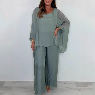 2025 Summer Amazon Europe and America Cross-border Explosive Fashion Loose Chiffon Long Sleeve Top Wide Leg Pants Casual suit