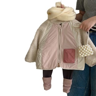 Girls Korean Mao Mao stitching cotton-padded jacket coat 2024 autumn and winter new fleece-lined leggings western style suit tide