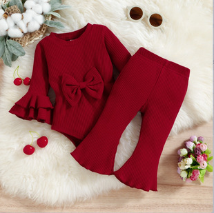 Baoxi children's clothing cross-border new autumn and winter baby girl bow bell sleeve romper flared pants two-piece set can be opened