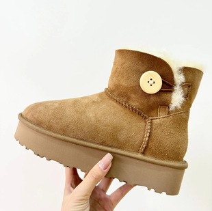 Winter Fur One Henan Sangpo Snow Boots Amazon Cross-border Light Luxury **Wooden Buckle Low Barrel Maroon Thick Bottom