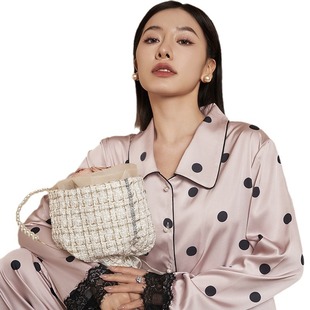 2023 New Single Collar Lace Black Powder Polka Dot Silk Pajamas Women's Korean-style Lapel Thin Outer Wear Home Clothes