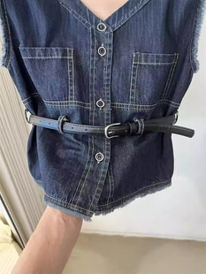 Vintage Fur Edge Belt Waistline Sleeveless Denim Vest Vest Jacket Women's 2024 Summer Fashion High-end Top