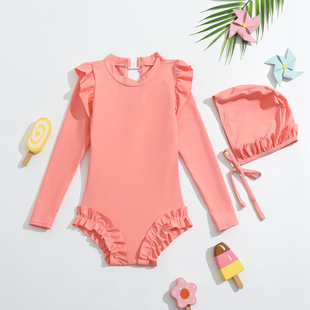 Cross-border Europe and the United States New Hot Selling Children's Swimwear Swim Cap Long Sleeve Solid Color Ruffled Girls' Swimwear PRD89049