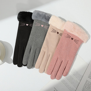 De velvet women's warm gloves winter autumn cold-proof age-reducing Korean simple riding touch screen student finger