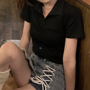 2982# Shoulder Short-sleeved Women's Summer Grey Spice Girls Navel Polo Shirt V-neck Slim-fit Slimming Ice Silk Thin Top