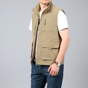 Four Seasons Middle-aged and Elderly Men's Vest Thin Dad Sleeveless Collar Multi-pocket Quick-drying Vest Cross-border Large-size Waistcoat