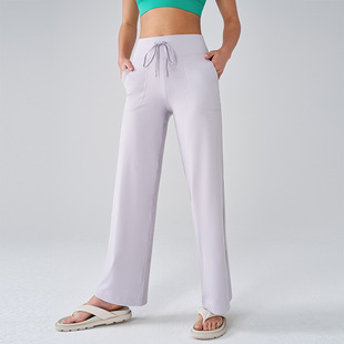 Lulu Yoga Pants Women's Lycra Antibacterial Naked High Waist Pocket Straight Pants Loose Slimming Sportswear Fitness Pants