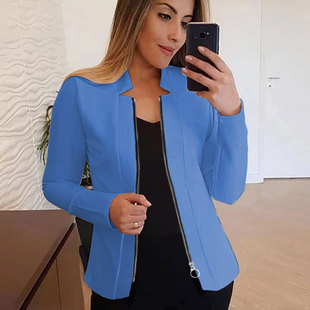2023 cross-border autumn and winter women's jacket Amazon independent station loose casual solid color zipper long sleeve suit top