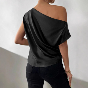 2025 European and American Summer Women's Solid Color One-Shoulder Backless Asymmetrical Neckline Satin Shirt One-Shoulder Top for Women