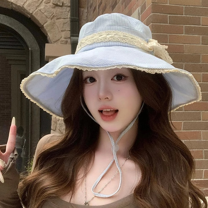 Fresh Blue Plaid Lace Bow Fisherman Hat Women's Spring and Summer Big Brim Sunscreen Hat Sun Hat