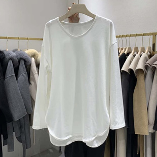200g cotton split base shirt U-shaped T-shirt long sleeve stacked white T hem slit long sleeve loose long jacket