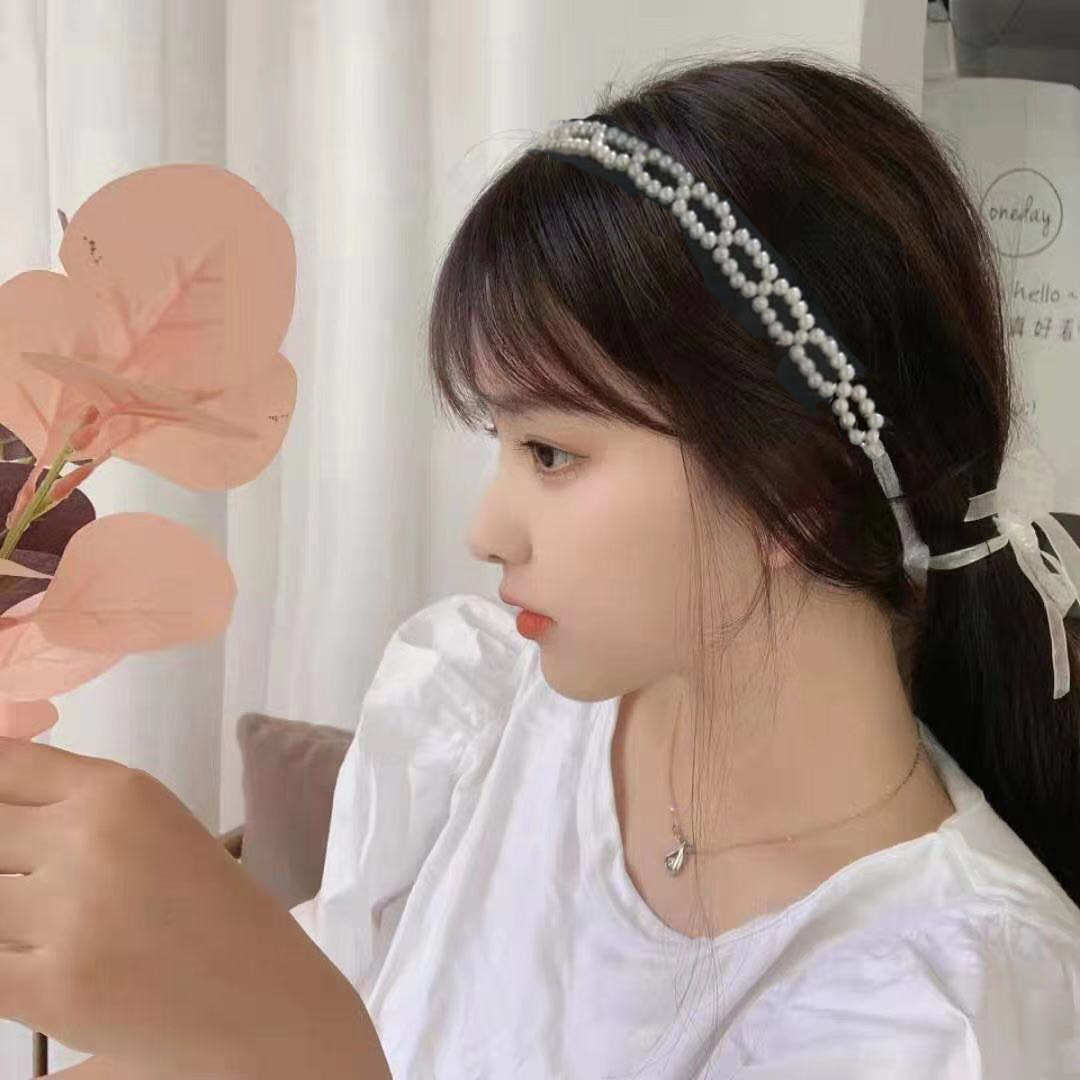 European and American Knotted Korean Style Girl's First-Layer Bridal Pearl Bow Headband Women's Braided Beaded Headband Wedding Dress