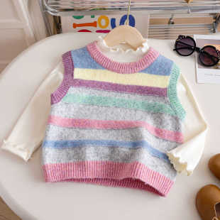 2024 Children's Korean Style suit Western Style Striped Sweater Vest Base Shirt Baby Girl's Knitted Western Style Top Vest