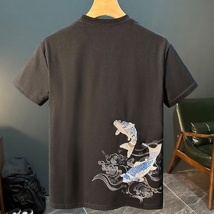European STaTion Fashion Trendy Brand Accessible Luxury Men's T-shirT ShorT-sleeved Heavy Carp Embroider 2024 New Round Neck Half-sleeved T-shirT