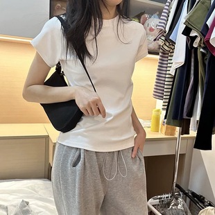 Yifantai's New Versatile Short-Sleeved Women's White Style Top, Right Shoulder Pure Cotton Fashionable Round Neck Short-Sleeved T-Shirt for Women
