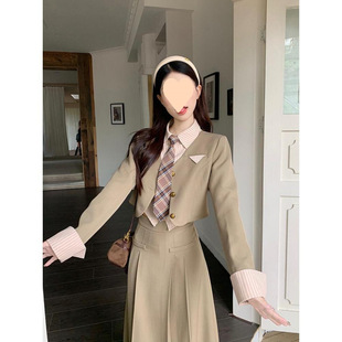 College-style suit Women's Spring 2025 New Elegant Fake Two-piece Short Long-sleeved Small Suit Pleated Half-length Dress