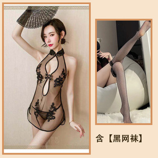 Golden Night Sexy Underwear Sexy Lace Split-Free Uniform Mesh Classical Embroidered Cheongsam Temptation Perspective suit