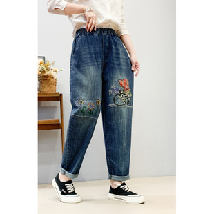 Real shot in stock 2025 spring vintage washed white patch plus size Denim women's new elastic waist loose leggings