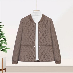 2024 Winter New Light and Thin Short Cotton-padded Coat Mother's Cotton-padded Coat Casual Rhombic Collarless Loose Coat Women's Cotton-padded Coat