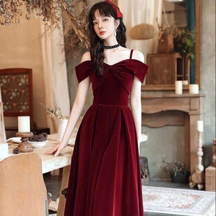 Toast Dress Bride 2023 New Women's Spring and Summer off-shoulder Engagement dress Wedding Red Dress Slimming Hair