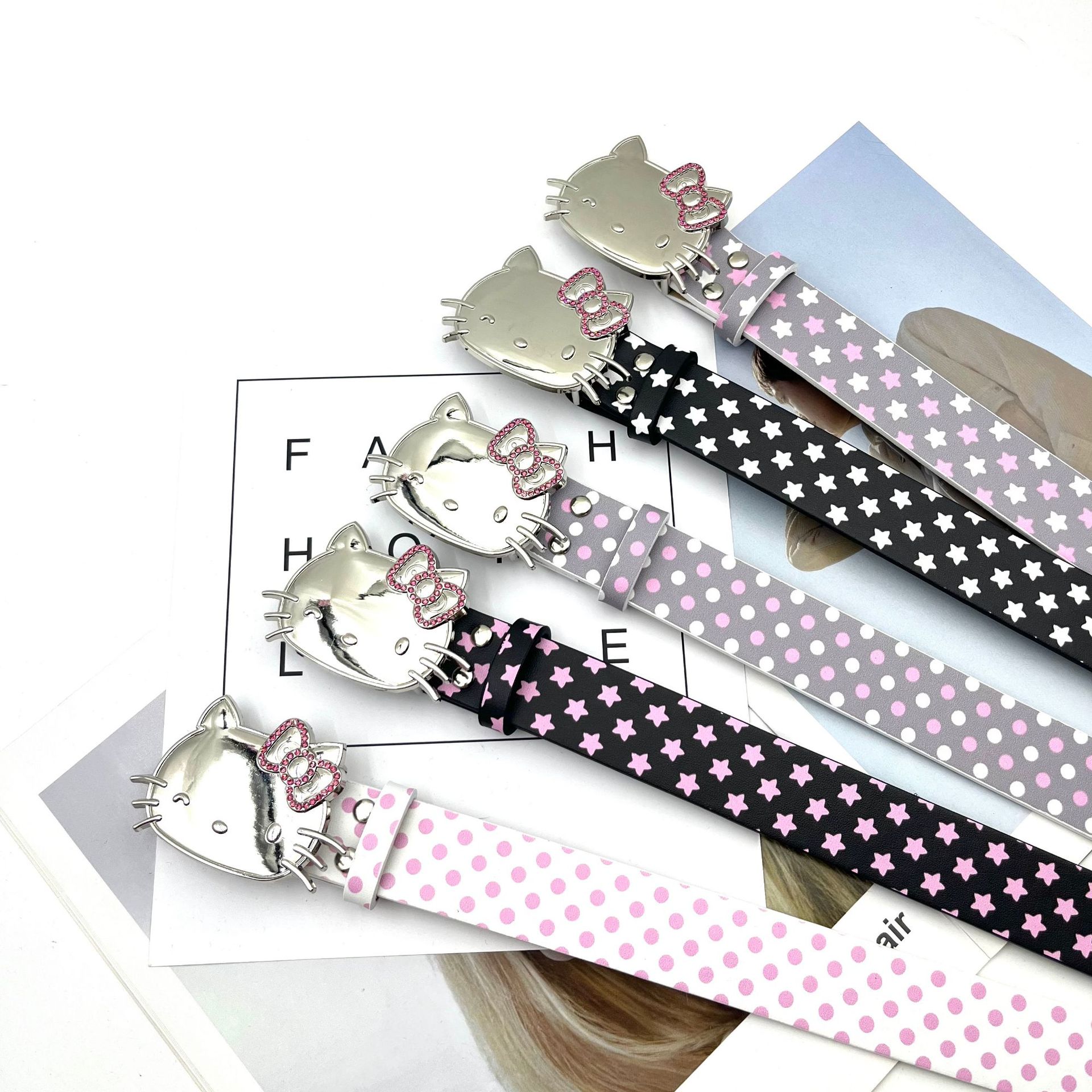 2025 New Five-Star Wave Point Series Belt KT Cat Head Powder Diamond Buckle Belt Women's Y2K Jeans Skirt Accessories