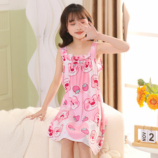 Girl's Nightdress Cotton Silk Summer Thin Children's Ice Silk Sling Pajamas Girl's Summer Dress Princess Dress Big Children's Home Dress