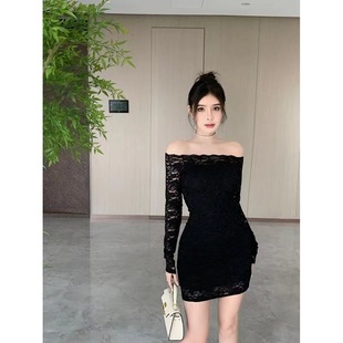 Pure Desire Long Sleeve Lace Skirt Hot Girl One Shoulder Dress New Style Slim Fit Sexy Slimming Short Skirt