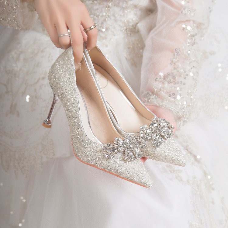 2026 New Style Pointed-Toe Wedding Shoes for Women, Main Wedding Dress Bride Shoes, Bridesmaid Shoes, French Crystal High Heels, Comfortable Women's Shoes