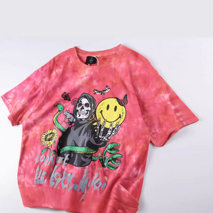 22FW Kanye Same Style Spoofs Mechanical Women's Vortex Skull Print Men's and Women's Tie-Dye Color-block Short-sleeved T-shirt