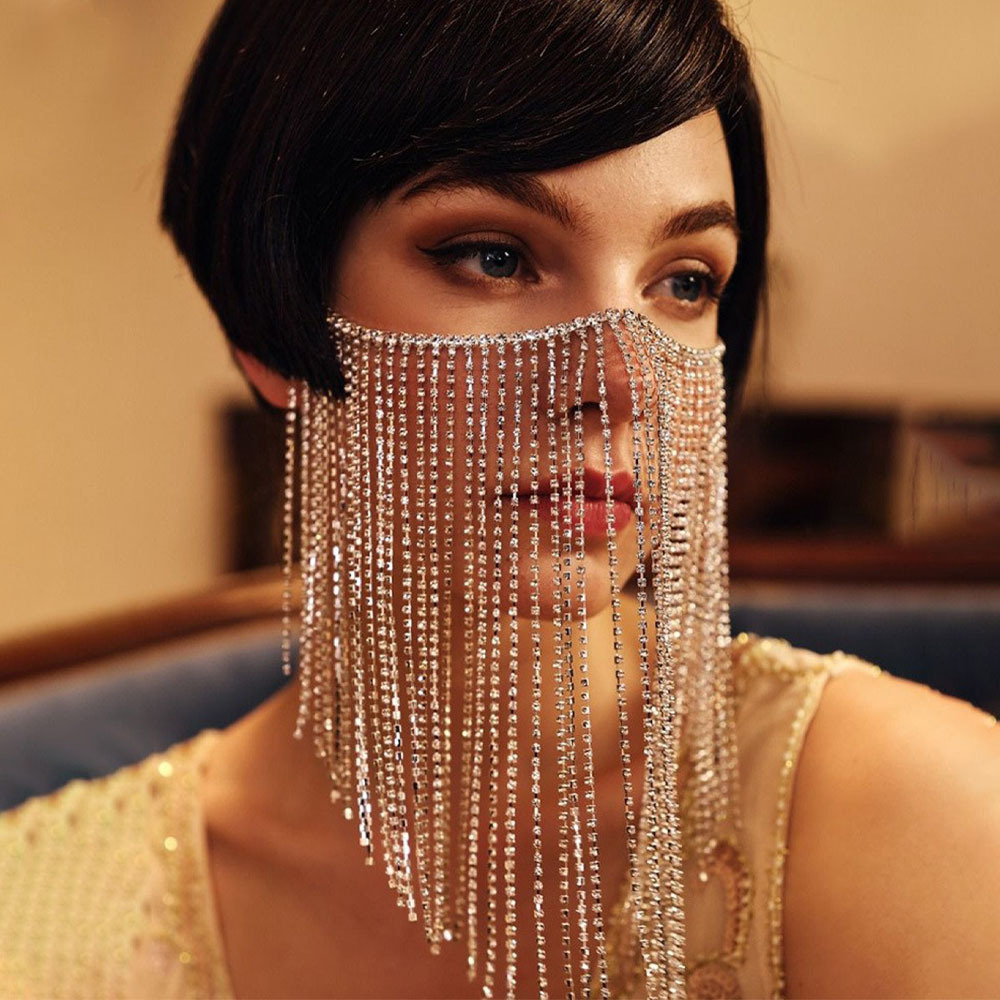European and American Retro Claw Chain Rhinestone Mask, Sexy Long Tassel Rhinestone Chain Veil, Evening Party Facial Accessory Mask