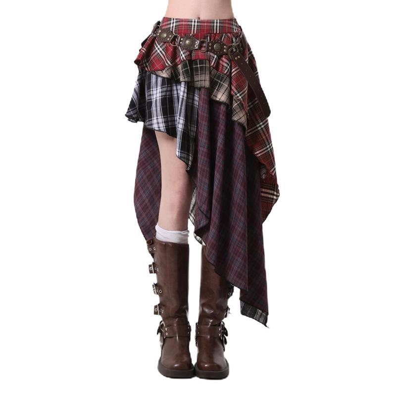 Retro Irregular Plaid Skirt Women's Spring and Summer Yabi Sweet Cool Hot Girl High Waist Slim Sports Style Pleated Skirt