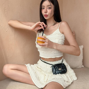 South Korea 2025 Sexy Lace Sling Bikini suit Three-piece Set White High Waist Swimsuit Women's Hot Spring Vacation