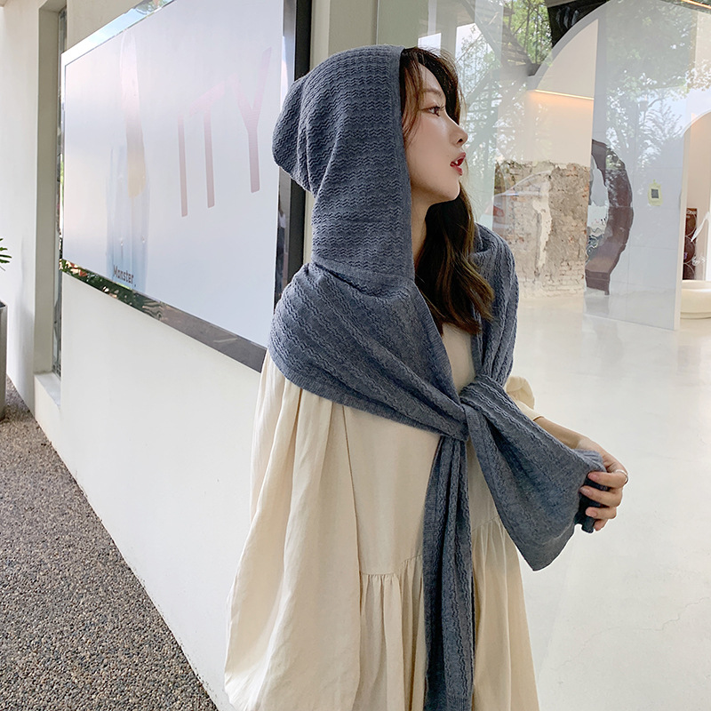 New knitted shawl women's spring and autumn outer wear hooded scarf hat integrated dual-use warm scarf air conditioning shoulder