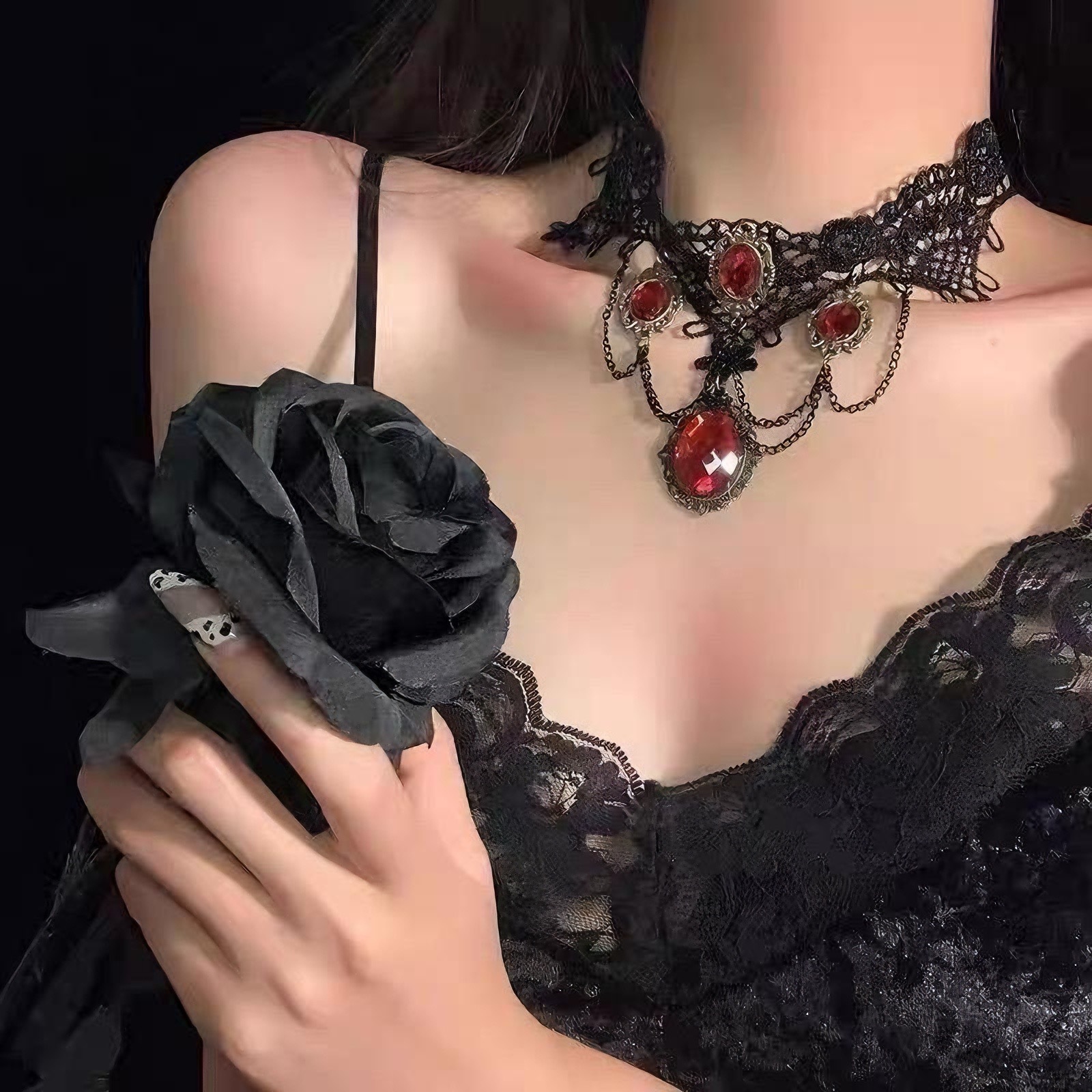 Halloween Dark Scarlet Zircon Lace Tassel Necklace Women's Niche Retro Hot Girl Atmosphere Necklace Accessories