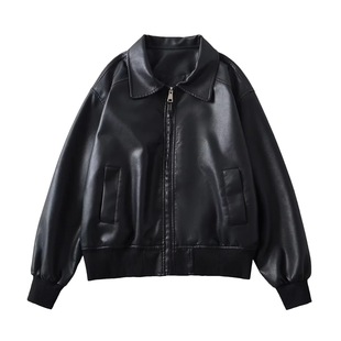 23 TT European and American style lapel leather coat women's autumn PU leather jacket motorcycle top elastic high waist top