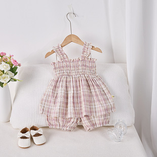 Baby suit Summer Thin Korean Style Girl Baby's Stylisic Plaid Sling Top Doll Shirt Shorts Two-piece Set