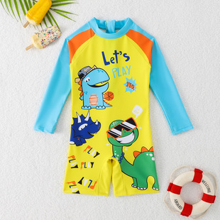 Children's Swimwear Boys Long Sleeve Boys' 2024 New Yellow Dinosaur Print Zipper Swimsuit Boys Swimsuit