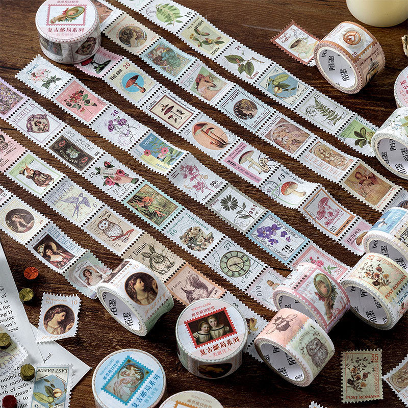 Mo Mo and paper stamp die-cut tape retro post office series plant flower hand account DIY decoration material paste