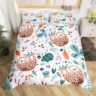 Cute Sloth Sunflower Duvet Cover Cartoon Animal Butterfly Bedding suit Plant Flower Three-piece Set