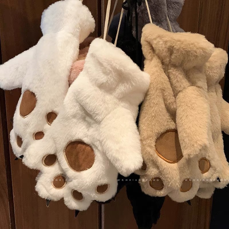 Cute Panda Cat Claw Plush Five-finger Gloves Women's Autumn and Winter fleece-lined Thickened Warm Cold-proof Student Cartoon Gloves