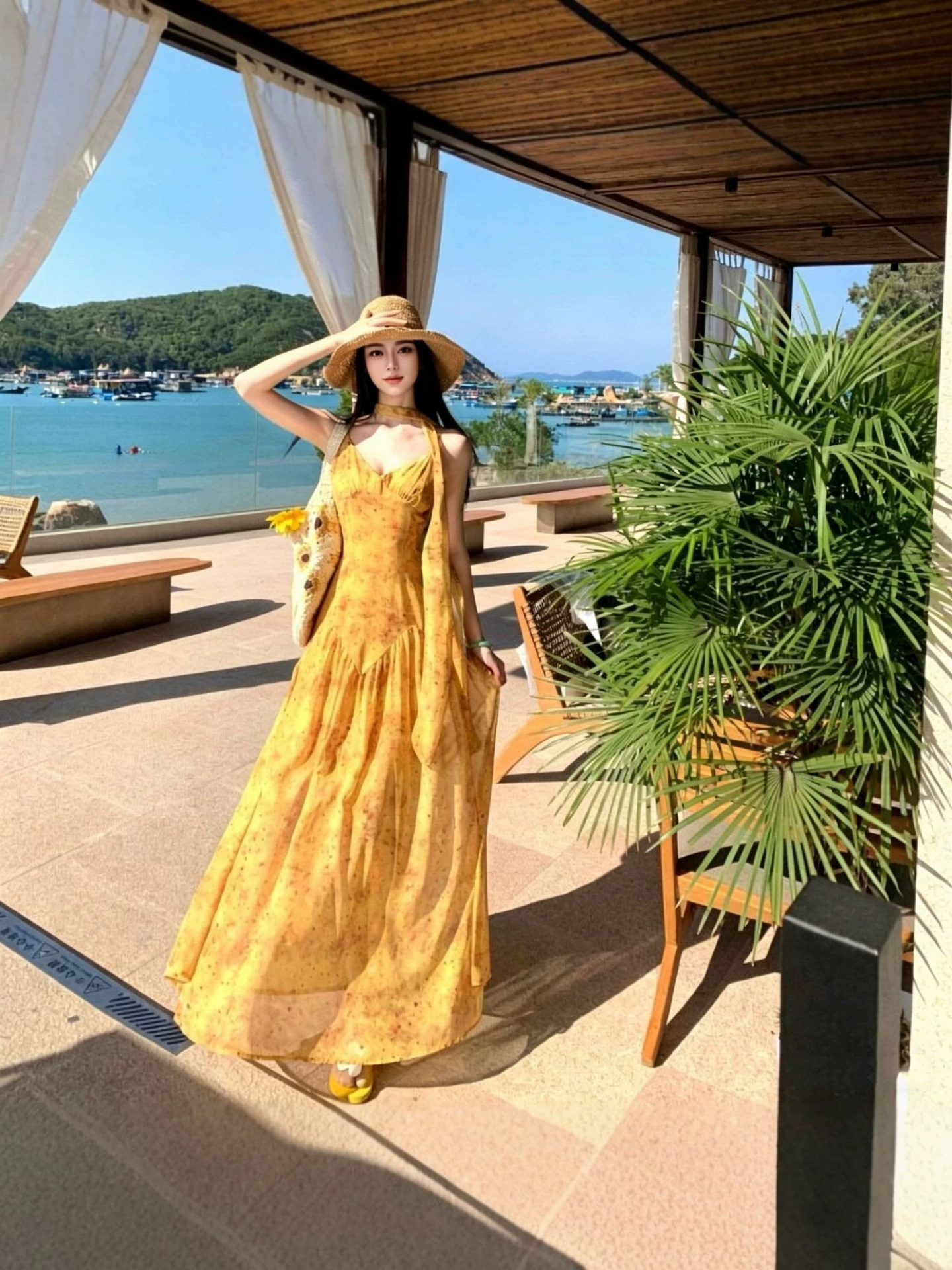 Vacation-Style Yellow Smudged Floral Print V-Neck Dress with Ribbons, Women's Strapless Dress for Photoshoots, Seaside Ambiance Long Dress