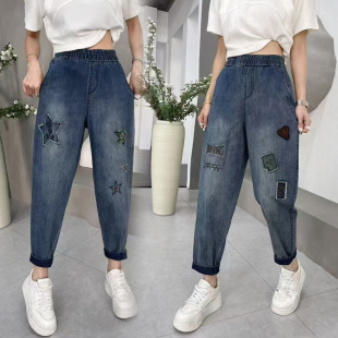 Cross-border export summer new vintage patch embroidered jeans women's loose plus size hem nine points harem pants
