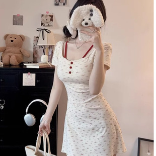 Pure Sweet Spicy Wind Fake Two-piece dress Women's Spring 2025 New Sweet Age-reducing Floral A- line Skirt with Chest Pad