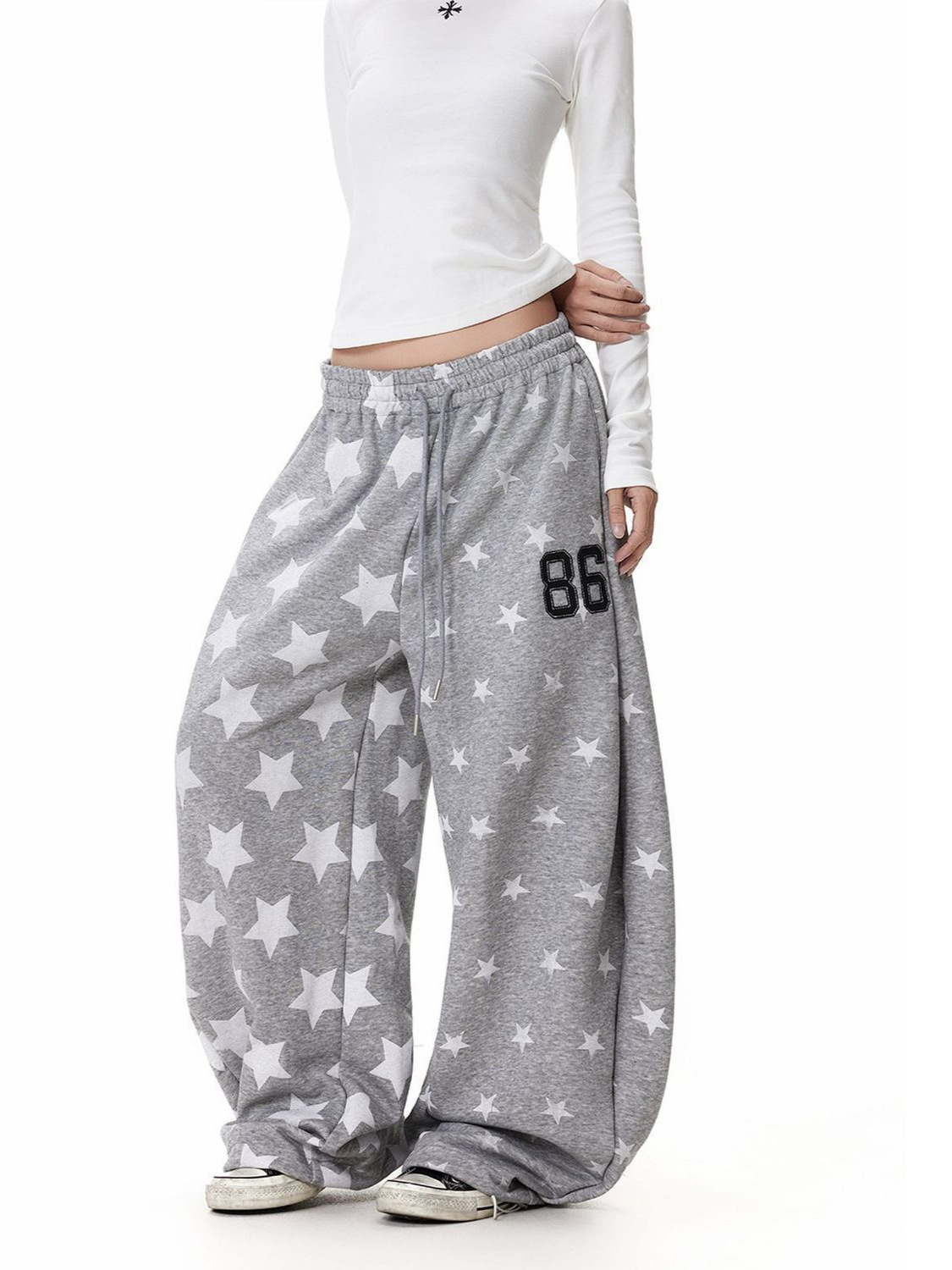 Korean Style Popular Star-Printed Elastic Sweatpants for Men and Women, Loose Casual Lazy Style Wide-Leg Drawstring Jazz Dance Pants