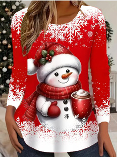 2024 cross-border women's Christmas new snowman print Amazon crew neck long sleeve T blood