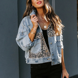 Cross-border autumn and winter Amazon Denim coat women's long sleeve independent station European and American Denim jacket coat women's leopard stitching