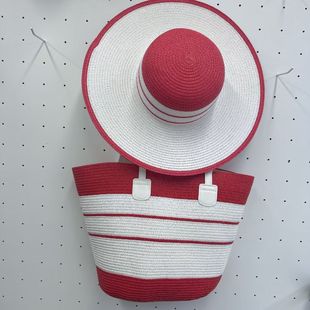 Foreign Trade Two-Piece Summer Straw Bag suit Big Brim Striped Straw Hat and Straw Bag suit Tote Handbag