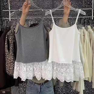 Sweet Style Hem Lace Stitching Stacked Sling Women's Spring and Autumn New Arrival Pullover All-match Styline Bottoming Vest Ins