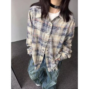 American Style Retro Blue Plaid Shirt Men's and Women's Loose Casual Autumn Plaid Shirt Jacket Trend