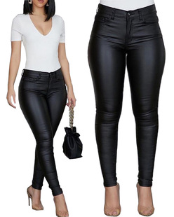 wish solid color PU leather pants casual sexy skinny pants women's trousers
